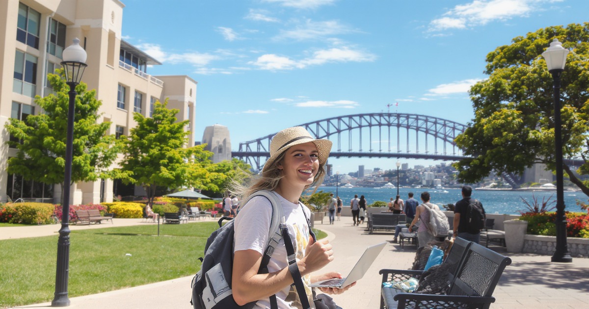 International student on Australian university campus near Sydney Harbour