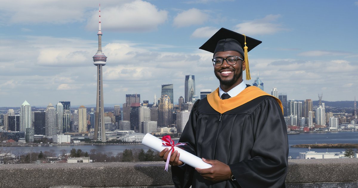 International graduate student in front of a Canadian university building with autumn maple trees
