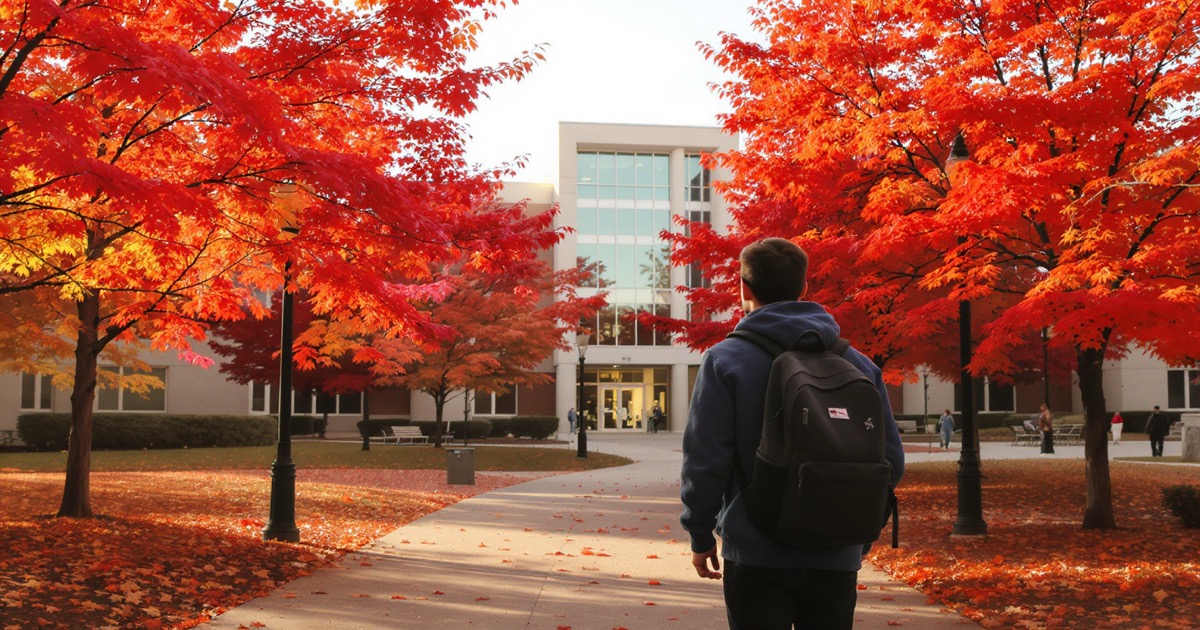 International student on Canadian university campus in autumn
