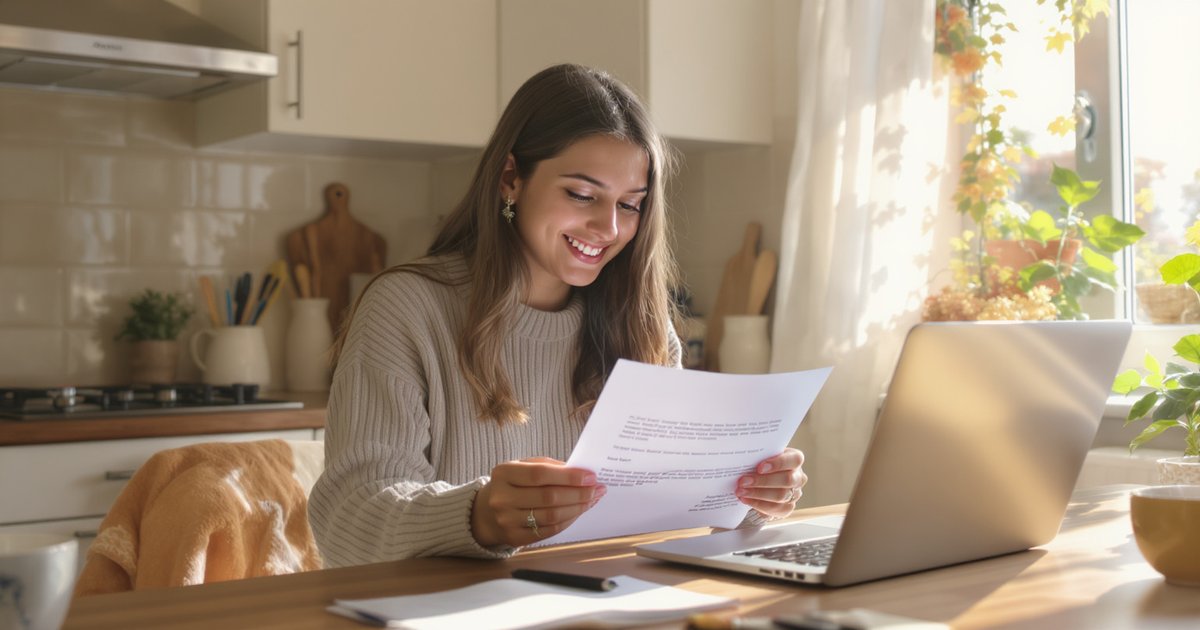Student smiling while reading a university offer letter at a kitchen table with morning light
