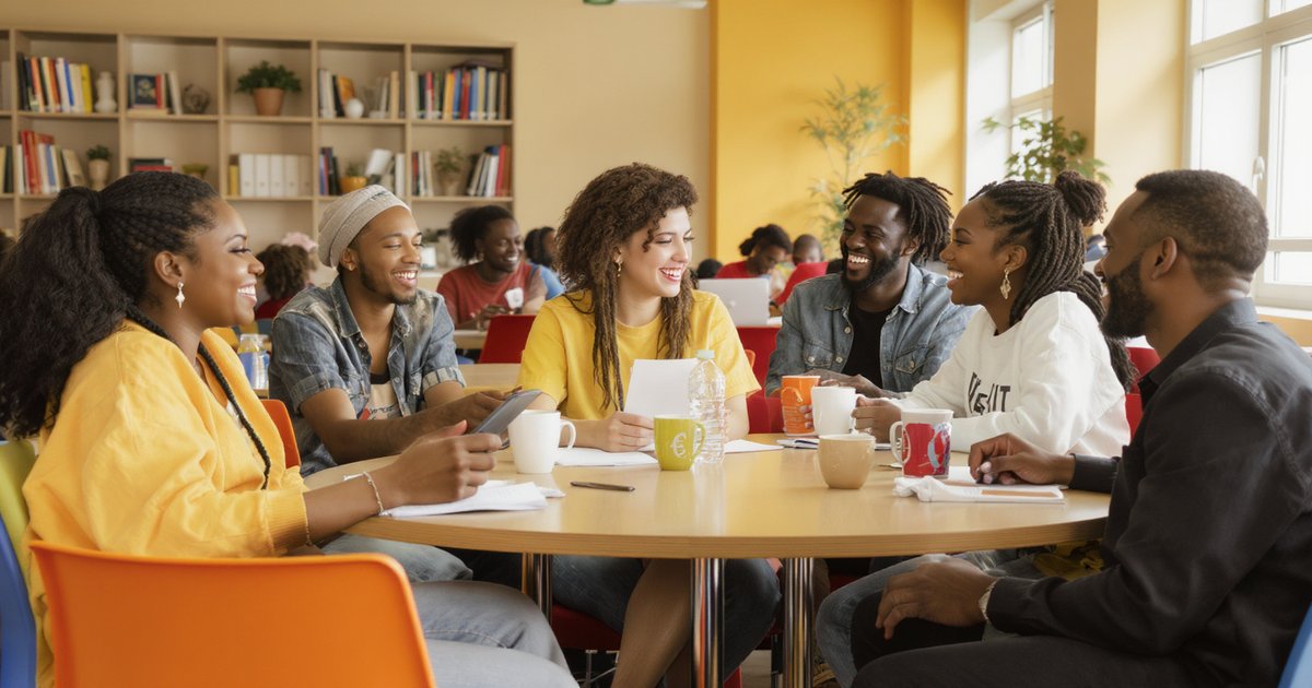 International students from diverse backgrounds laughing and studying together in a bright university common room