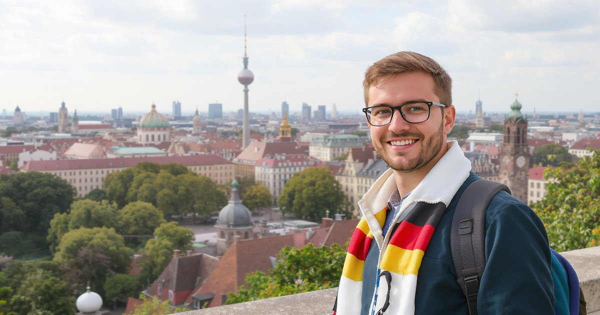 International graduate in business attire walking through a clean modern German city centre with tram tracks visible