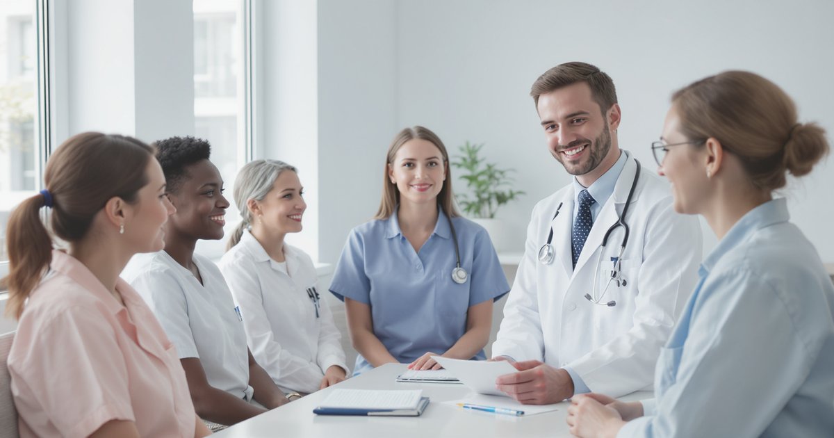 International student at a modern bright clinic with a reassuring doctor