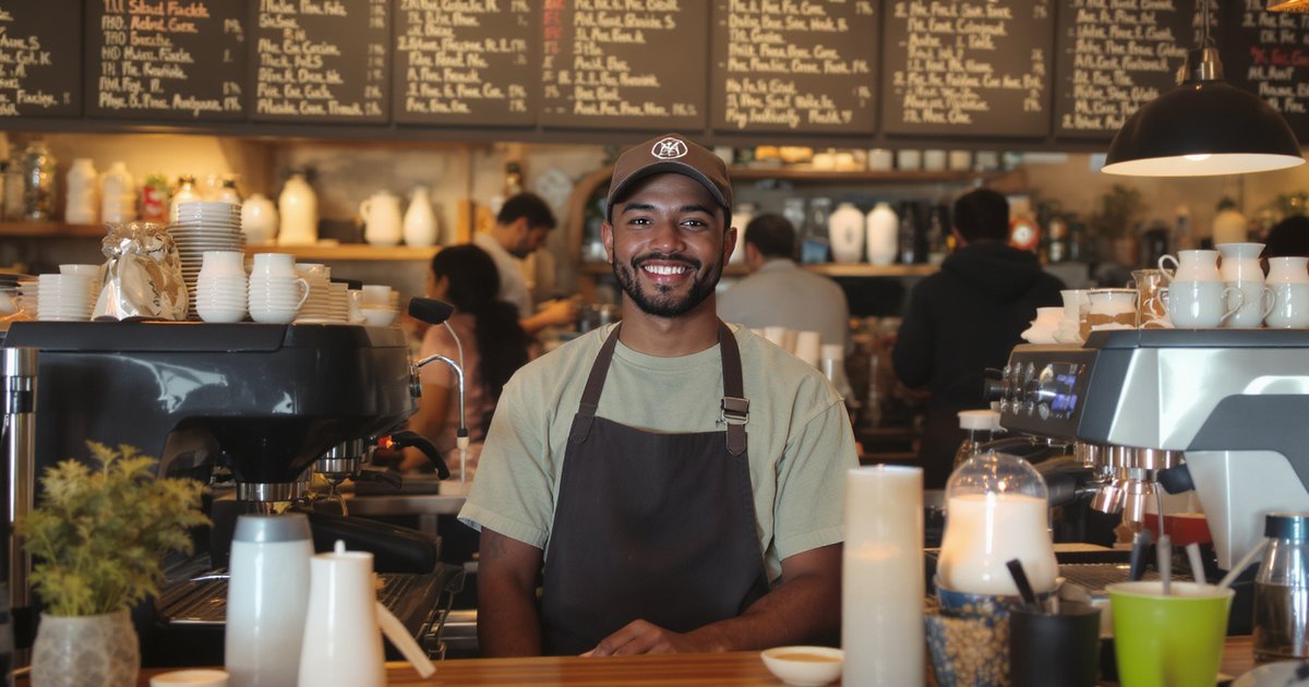 International student working at a café counter with a welcoming professional expression