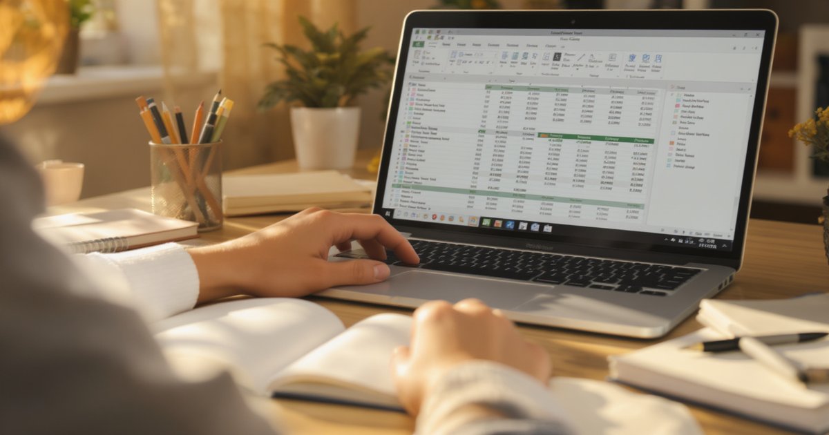 Student planning finances with notebook and laptop showing budget spreadsheet at a warm desk