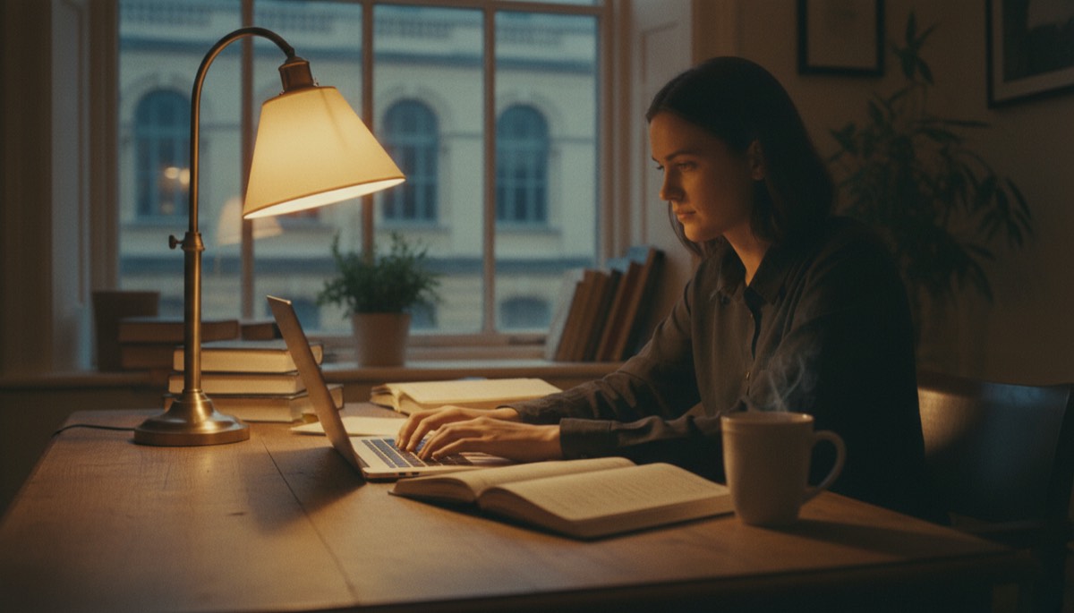 A laptop and notebook on a desk by a window in warm afternoon light
