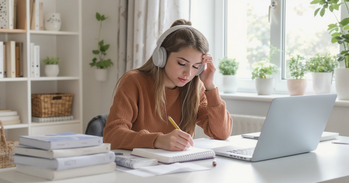 Student studying with IELTS preparation books and headphones at a bright organised desk