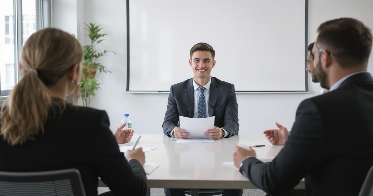Student in professional attire at a scholarship panel interview