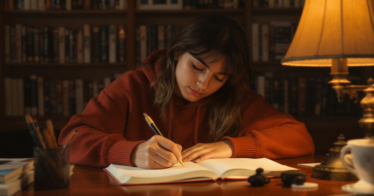 Student writing carefully in a notebook at a desk with books and warm lamp light