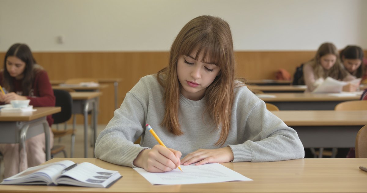 Student taking an English language test at a desk in an examination hall