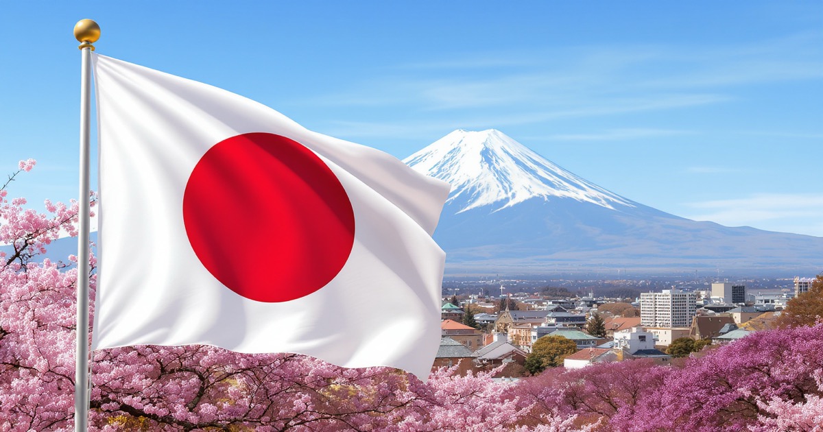 Mount Fuji and Japanese university campus with cherry blossoms