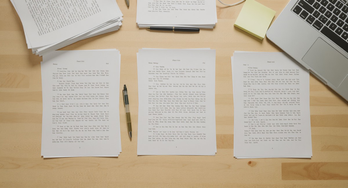 Overhead view of a desk with three separate stacks of document drafts and a pen