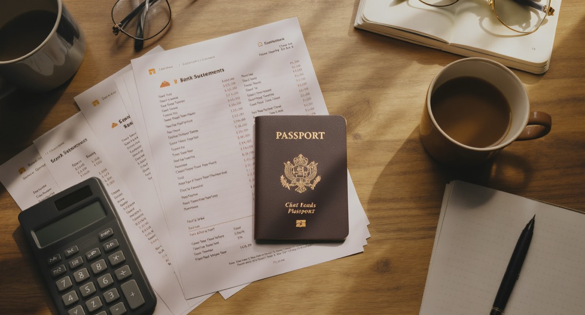 A passport, printed bank statements and a calculator on a desk in morning light