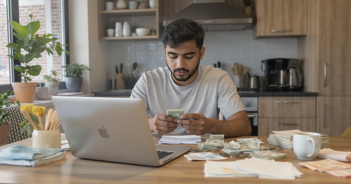 International student counting money at a kitchen table with laptop and notebook, urban apartment