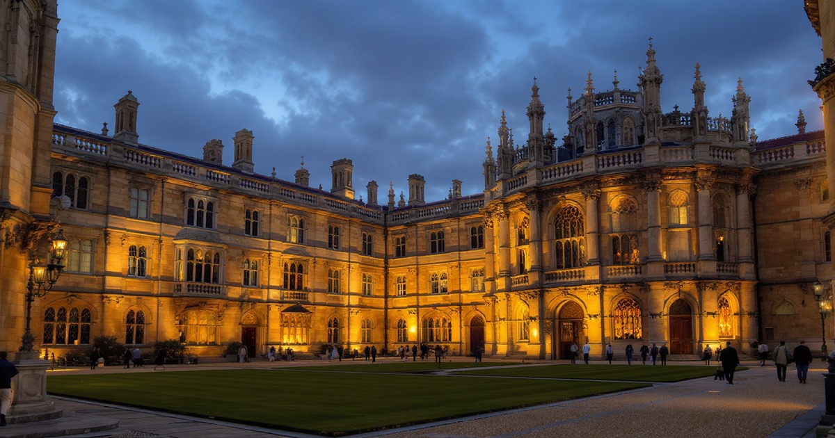 Oxford University historic buildings at dusk — home of the Rhodes Scholarship