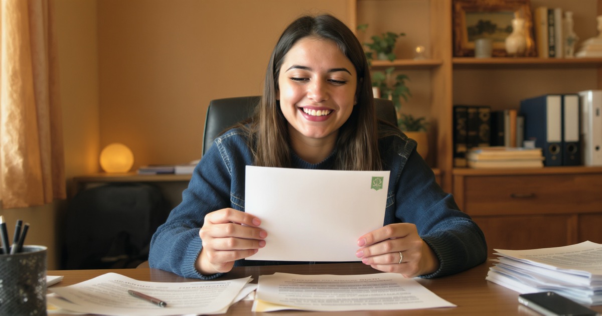 Student receiving scholarship acceptance letter with recommendation documents