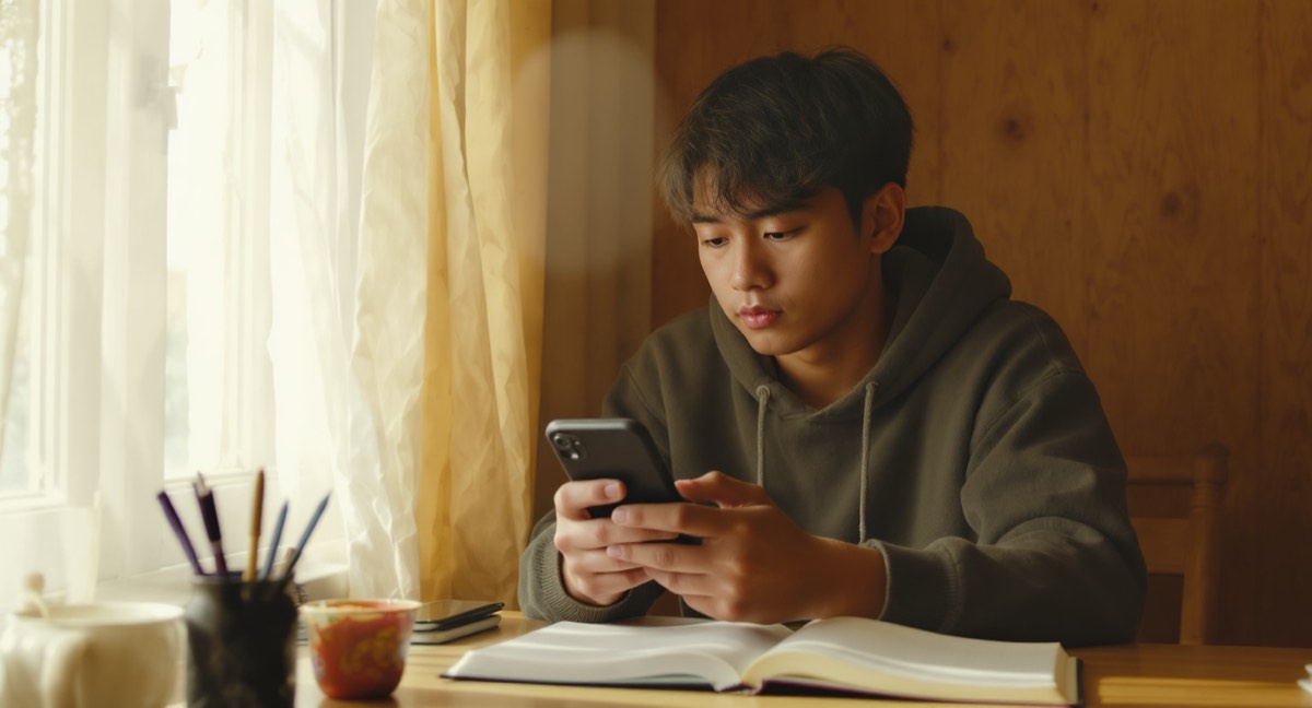 A person reading something thoughtfully by a bright window with an open notebook