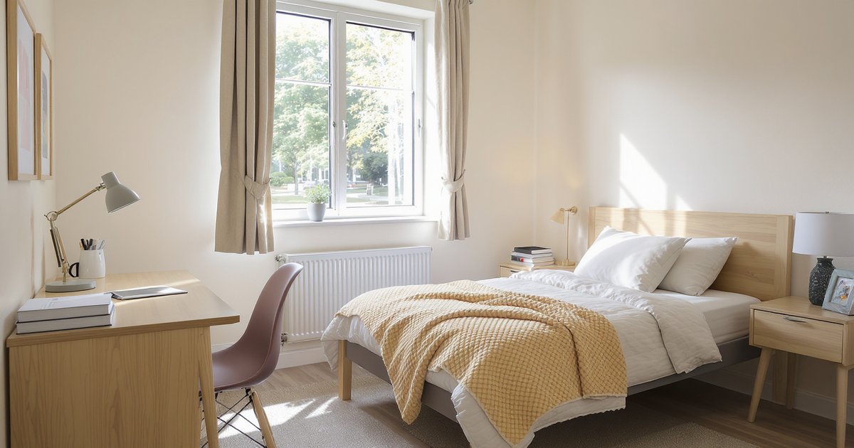 Bright modern student accommodation room with desk, plants, and large window overlooking a university campus