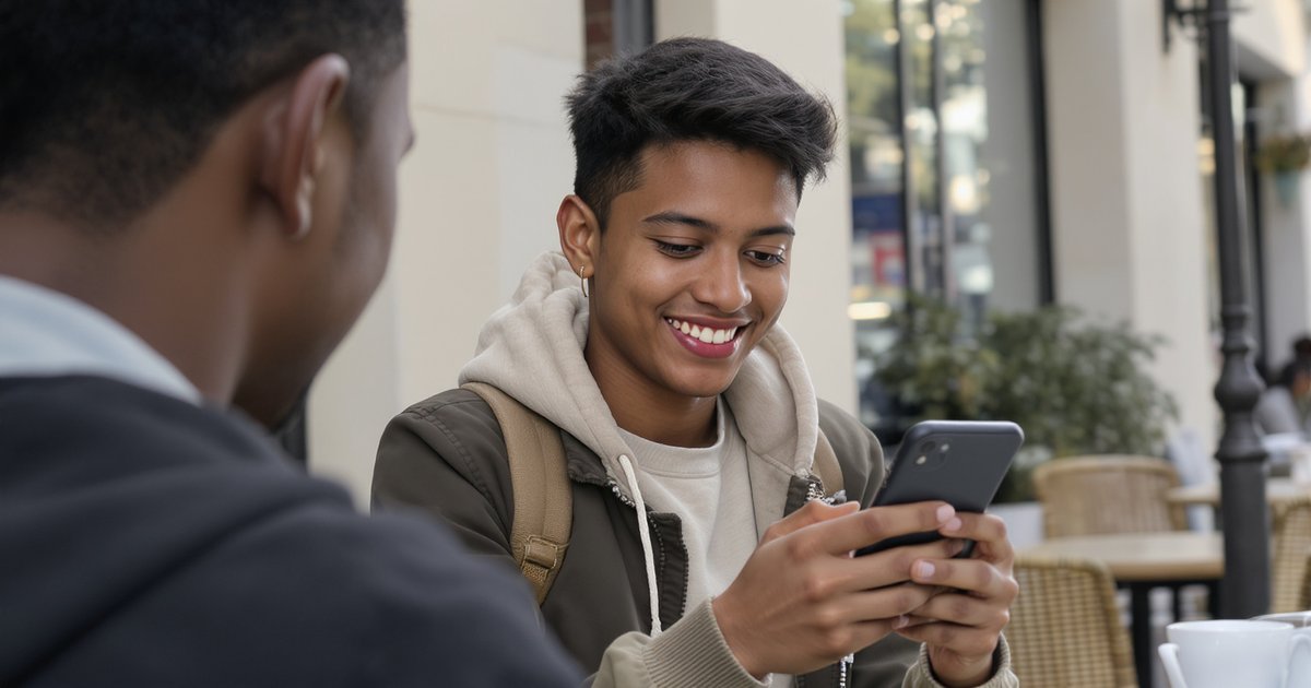 International student smiling at a mobile banking app on their phone in a cafe