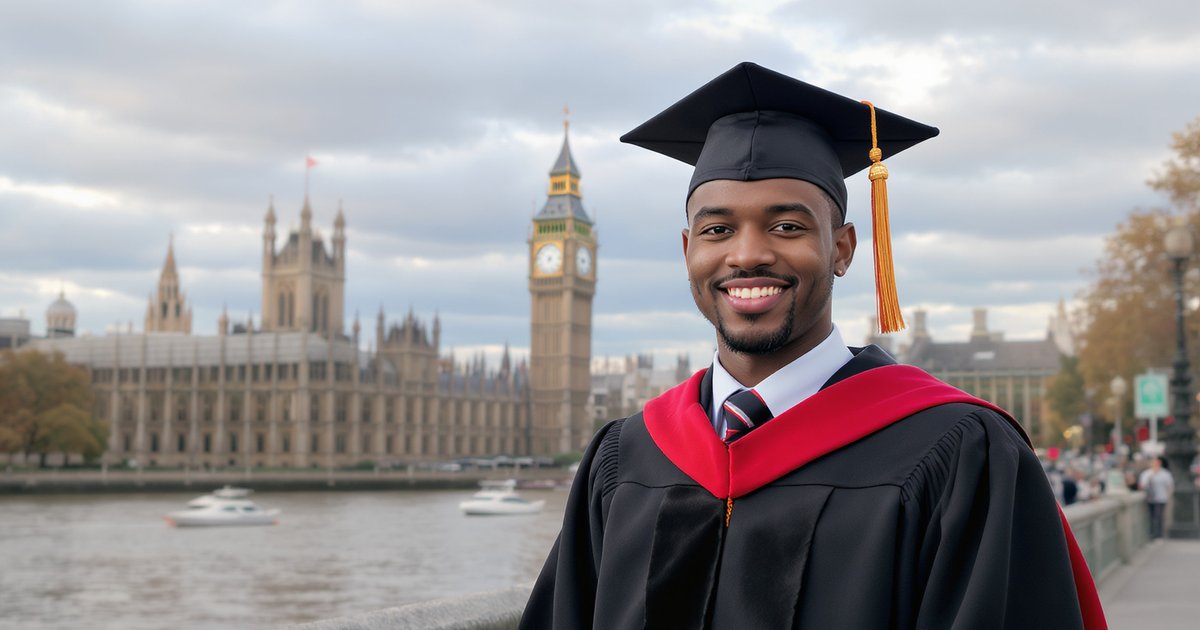 International graduate student in professional attire outside a UK university building with London skyline background