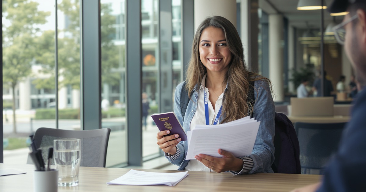 International student at UK university campus with passport and documents