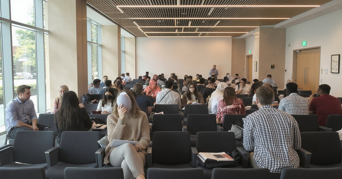 University applicants waiting outside an interview room in a modern academic building