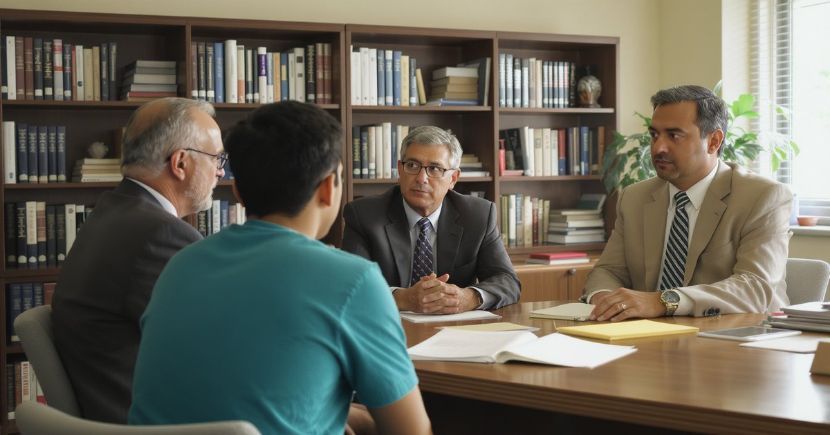Student in a university admissions interview with two professors at a desk