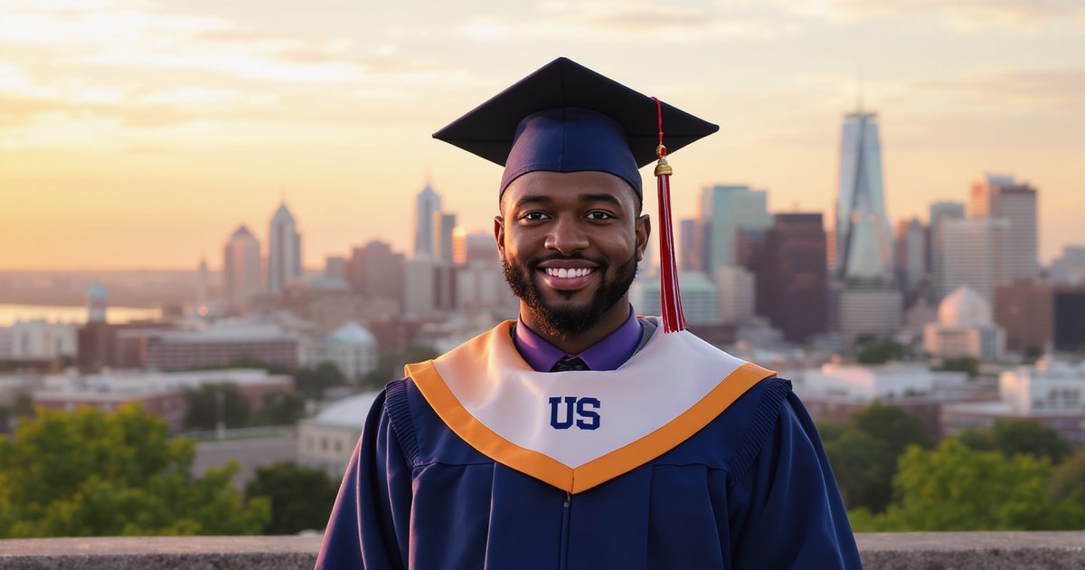 International graduate student with diploma in front of US university building with American flag visible
